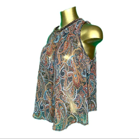 ASTR the Label bead swing top paisley print blouse tank top semi sheer Small - Picture 2 of 9